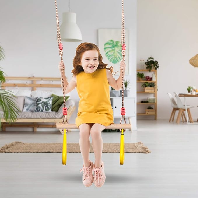 PELLOR Playground Children's Wooden Trapeze Swing Bar with Plastic Gym Rings Swing Set for Indoor & Outdoor Fun