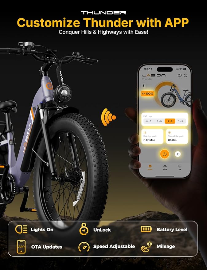 Jasion Thunder Electric Bike, 1500W Peak Motor, 30+MPH Max Speed & 80 Miles with 486Wh Removable Battery, APP Control Ebike for Adults, Hydraulic Brakes, Front Suspension, 26'' x 4'' Fat Tire Bicycles