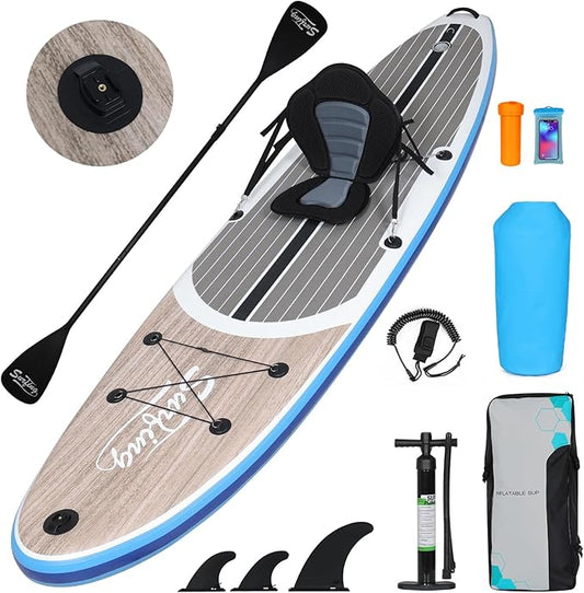 YUSING Inflatable Stand Up Paddle Board with Kayak Seat, Non-Slip Deck SUP Paddle Board with Premium Kayak, Portable Standing Boat for Youth & Adult