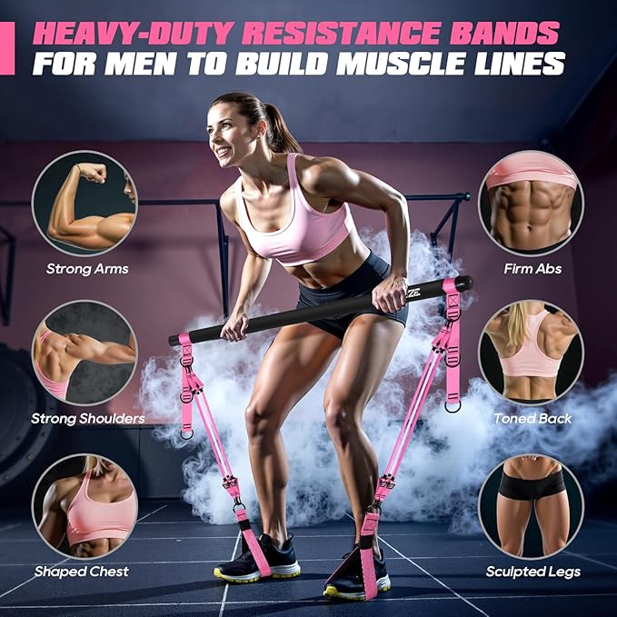 Pilates Bar Kit with Resistance Bands, Heavy Duty Pilates Equipment for Men, Strength Training Bar for Legs, Hip, Back, Arm, Abs, Chest, Shoulders, Portable Home Gym Full Body Workout Equipment