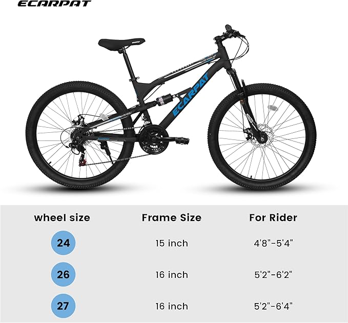 24/26/27.5 Inch Mountain Bike, Dual Full Suspension 21 Speed Womens Mens Mountain Bikes, Commuter Bike with Carbon Steel Frame and Dual Disc Brakes