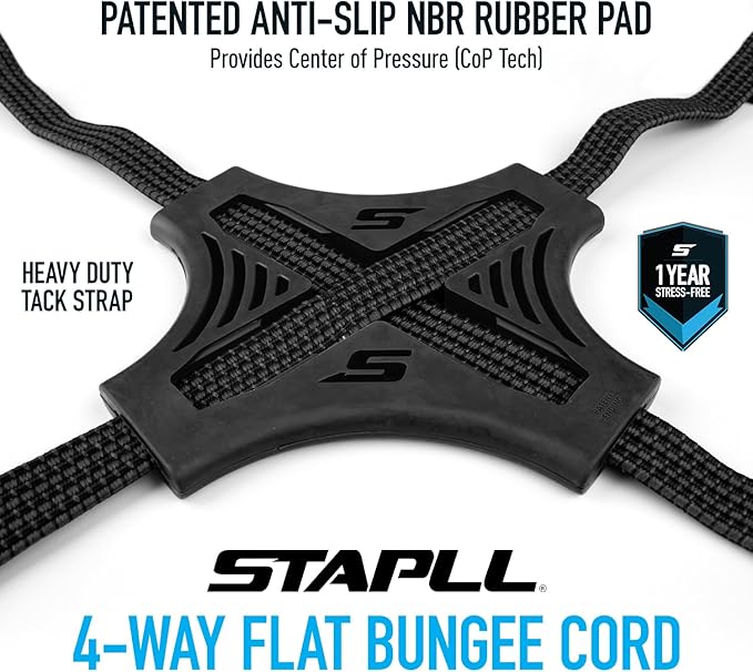 Tack Strap – 4-Way Flat Bungee Cord with Rubber Pad Grip, Non-Slip Tie Down Straps for Motorcycle, ATV, Kayak, Cycling, Camping, Truck Storage, Adjustable Bungee Cords - 2 Pack (Blue)