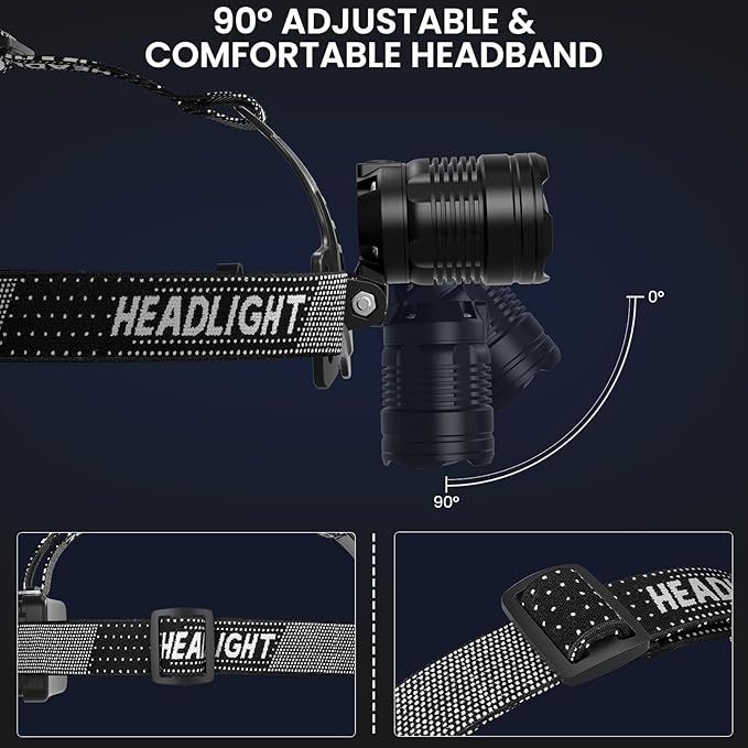 LED Headlamp Rechargeable, 99000 Lumens Bright Head Lamp Βattery Include, 90° Adjustable Head Lights for Forehead with 3 Modes, Long Runtime & Waterproof Headlamps for Adults Camping Hiking