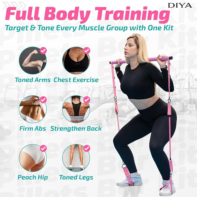 Pilates Bar Kit with Resistance Bands, Stretched Pilates Bar for Women & Men, 140 lbs Equipment for Legs, HIPS, Waist, Arms, Back, Core, Adjustable 3-Section Home Gym Kit for Full-Body Workouts