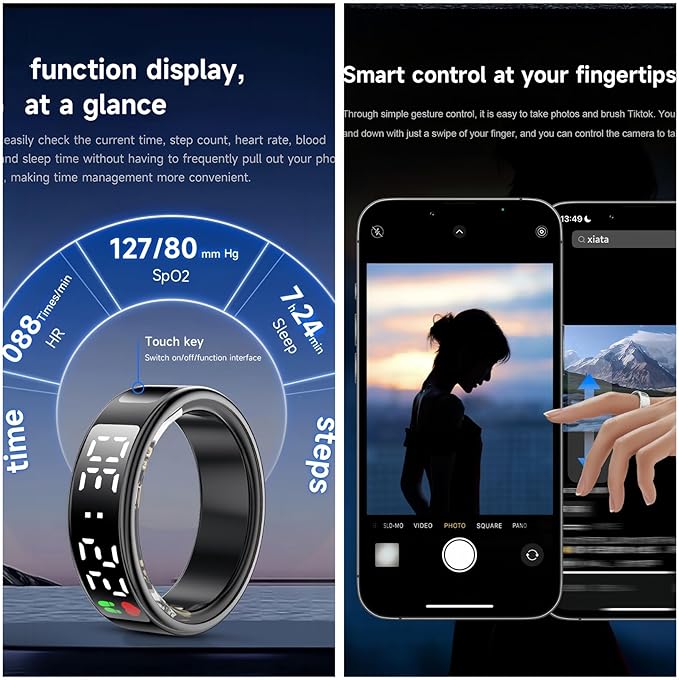 Smart Ring Health Fitness Tracker, Touch Screen Smart Ring for Men and Women, Sleeping Steps Heart Rate Blood Oxygen Monitor, Remote Photography LED Display Ring Waterproof Fitness Ring (Gold, 11)