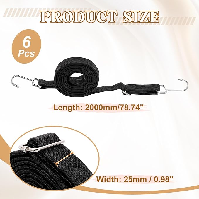 uxcell 6Pcs Adjustable Bungee Cords with Hooks, 79 Inch Flat Heavy Duty Elasticity Straps Rubber Bungee Cords with Buckle for Outdoor, Camping, Tarp, Bike Rack, Luggage, Black