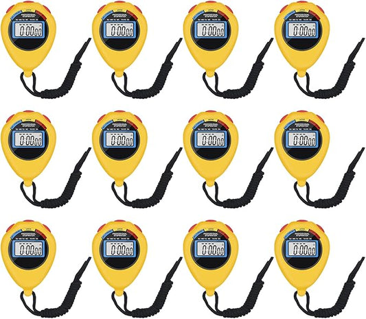 12 Pack Multi-Function Electronic Digital Sport Stopwatch Timer, Large Display with Date Time and Alarm Function,Suitable for Sports Coaches Fitness Coaches and Referees (Yellow)