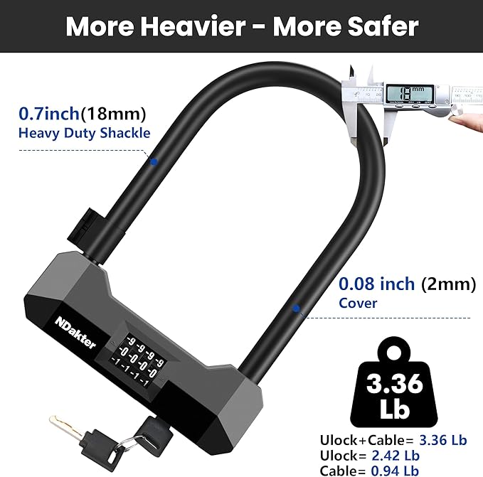 NDakter Bike Locks Heavy Duty Anti Theft，18mm Bicycle Combo U Lock with 5FT Cable, 4-Digit Resettable Combination Electric Scooter Lock with 2Keys and Bracket for Tricycle, Moped, Motorcycle(Gray)
