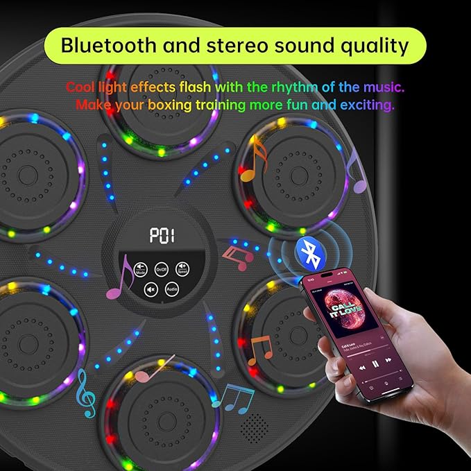 Music Boxing Machine Smart Bluetooth Boxing Equipment for Adults and Kids Home Gym Workout Exercise（2 Pairs of Gloves） (‎Colorful Light)