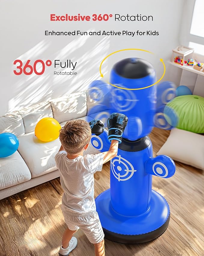 QPAU 360° Rotatable Punching Bag for Kids, Lager 64” Kids Punching Bag with Gloves, Hand Pump & 6 Targets, Bop Bag Inflatable Punching Toy, Karate Gifts for Boys, Girls
