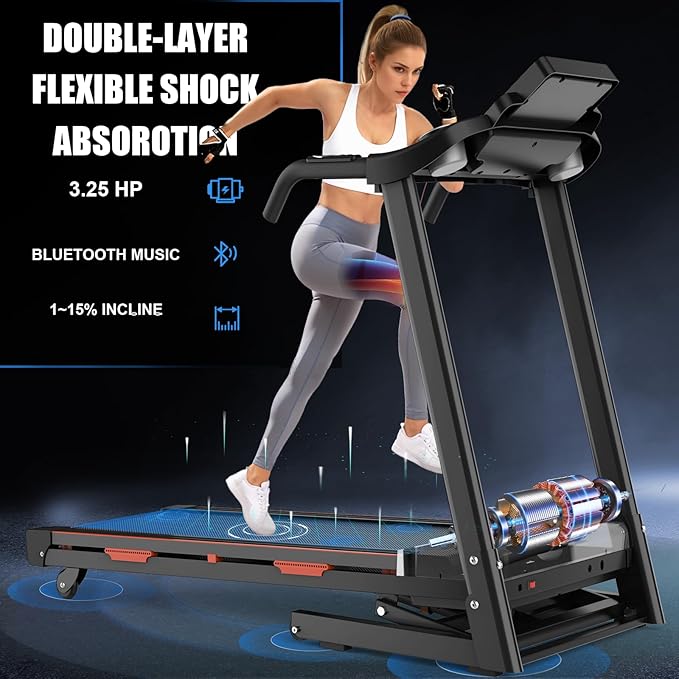 Auto Incline Treadmills for Home- foldble Treadmill 400 lb Capacity 3.25HP Folding Electric Treadmill Max 8.5 MPH Speed Running Machine with Wide Running Area Bluetooth Speaker for Home/Office Use