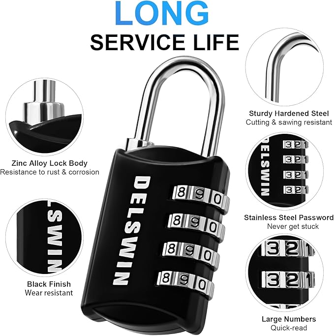 DELSWIN Combination-Padlock 4-Digit-Gym-Locker-Lock - 12 PCS Resettable Combo Lock for Toolbox School Employee Locker Weatherproof Travel Locks for Luggage Backpack Gate Shed