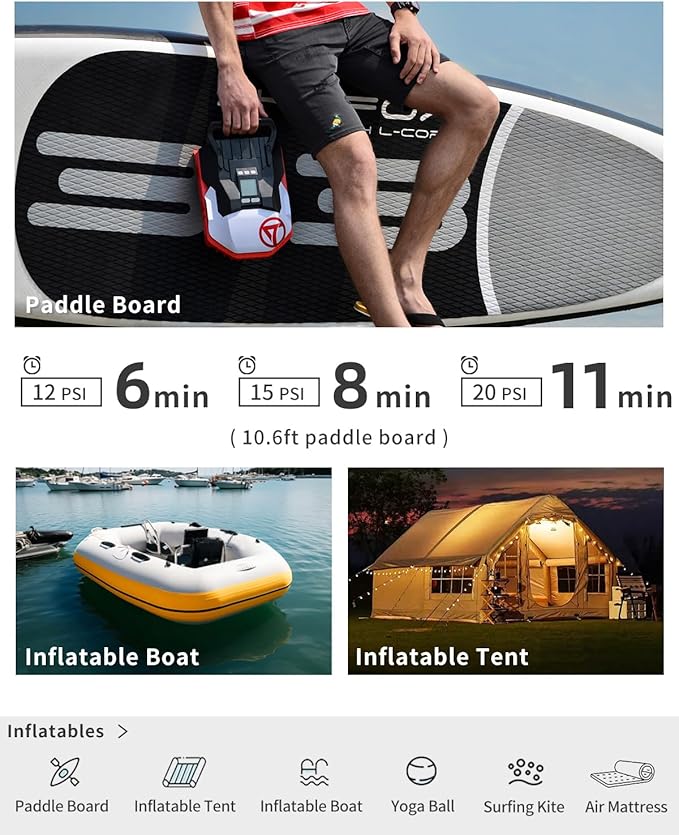 Paddle Board Pump with 12V DC Car Connector, 22PSI High Pressure Electric SUP Pump for Inflatables, Inflator and Deflator for Portable Boat, Kayak Accessories for Water Sports