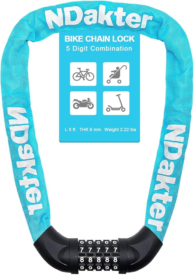 NDakter Bike Chain Lock, 5 Digit Combination Heavy Duty Anti Theft Bicycle Chain Lock,2.62/3.2/4.27/5/6Ft Long Security Resettable Bike Locks for Bike, Bicycle, Scooter, Door, Gate, Fence-4/6mm Thick