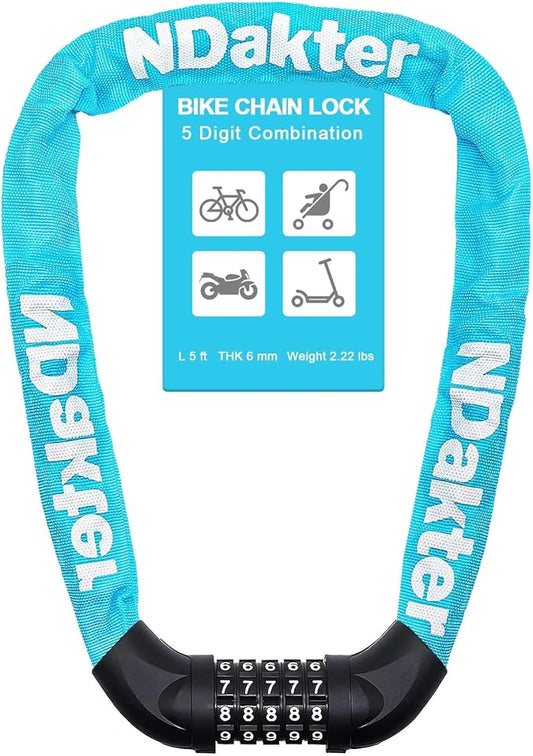 NDakter Bike Chain Lock, 5 Digit Combination Heavy Duty Anti Theft Bicycle Chain Lock,2.62/3.2/4.27/5/6Ft Long Security Resettable Bike Locks for Bike, Bicycle, Scooter, Door, Gate, Fence-4/6mm Thick