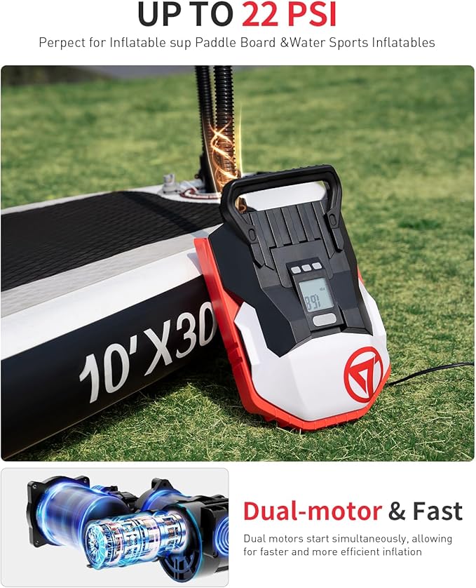 Paddle Board Pump with 12V DC Car Connector, 22PSI High Pressure Electric SUP Pump for Inflatables, Inflator and Deflator for Portable Boat, Kayak Accessories for Water Sports