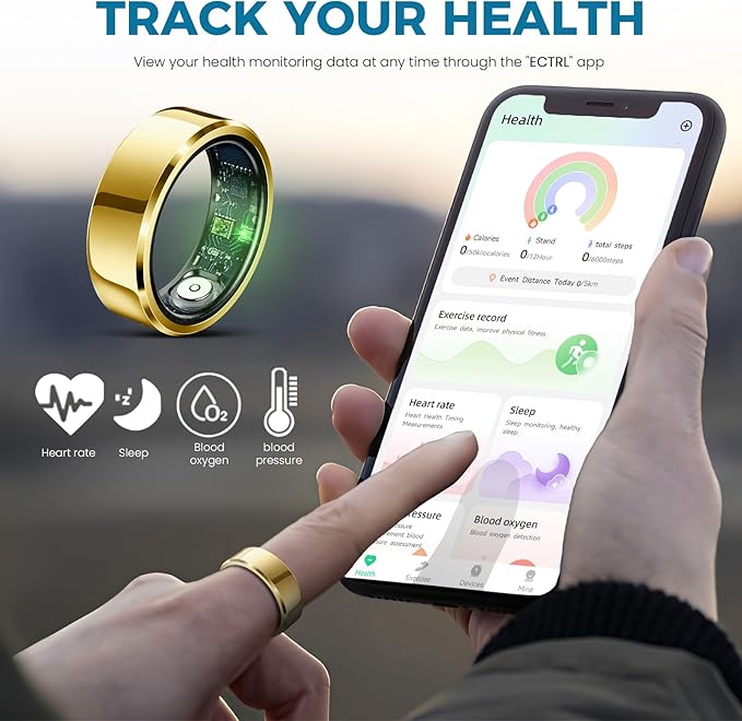 Smart Ring for Women Men Fitness Tracker with Blood Pressure,Heart Rate,Sleep Monitoring,Step Counting,for iPhone and Android,Waterproof smart blood pressure monitor,No Subscription Fees,Gold 9 size