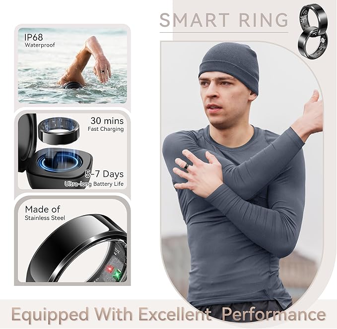 Health Smart Ring for Men Women, Fitness Tracker with Heart Rate/Blood Pressure/Blood Oxygen Monitor,Sleep Tracker,Pedometer, IP68 Waterproof Ring for iPhone&Android, No Subscription (Black, Size10）