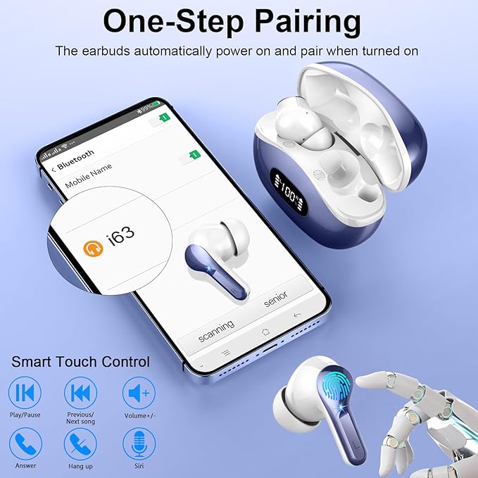 Wireless Earbuds, Bluetooth Headphones 5.4 HiFi Stereo Ear buds with ENC Noise Cancelling Mic, 40H Bluetooth Earbuds with Dual LED Display Charging Case, IP7 Waterproof Earphones for Android iOS, Blue