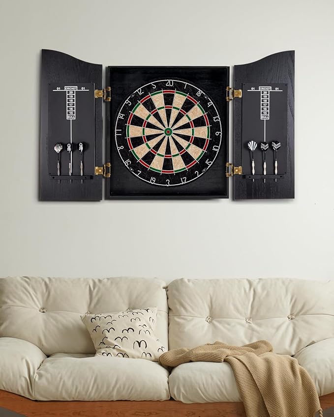 Sisal Dart Board Cabinet Sets, Decorative Dart Boards for Adults [12*Steel Darts] - Wooden Dartboard Cabinet with Integrated Scoreboard for Family Game Rooms