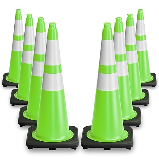 28 Inch Traffic Cones with Heavy Weighted Base (8 Pack) - Green Safety Cones with Reflective Collars for Parking Lots, Road Construction, and Event Control
