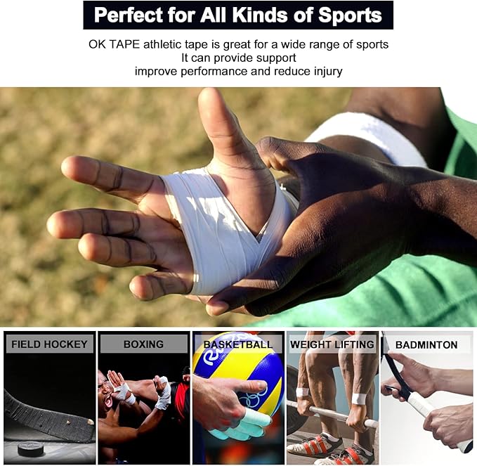 OK TAPE Athletic Sports Tape（4 Packs) - 45ft Per Roll Very Strong Tape for Athlete & Sport Trainers & First Aid Injury Wrap, Perfect for Fingers Ankles Wrist on Bat, Hockey Stick - Black