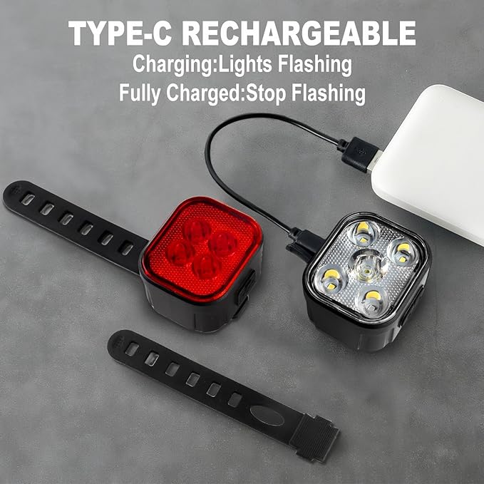 KunHe Bike Lights for Night Riding USB Rechargeable Bike Lights Front and Rear 8+12 Modes Bike Light Set Bicycle Lights Headlight and Taillight Easy to Install