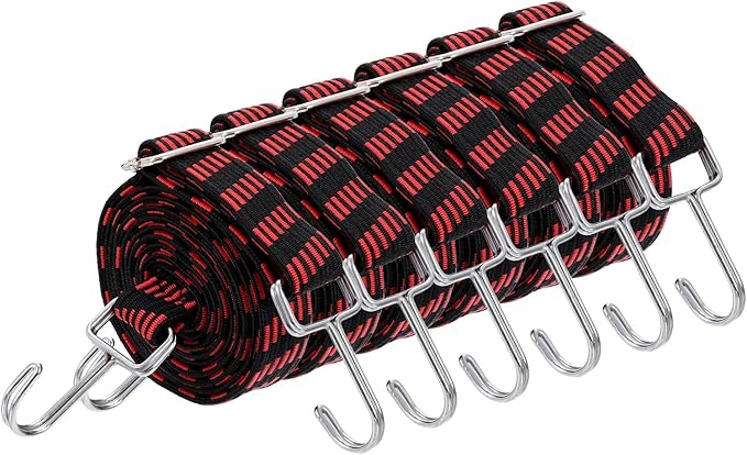 uxcell 6Pcs Adjustable Bungee Cords with Hooks, 79 Inch Flat Heavy Duty Elasticity Straps Rubber Bungee Cords with Buckle for Outdoor, Camping, Tarp, Bike Rack, Luggage, Black Red
