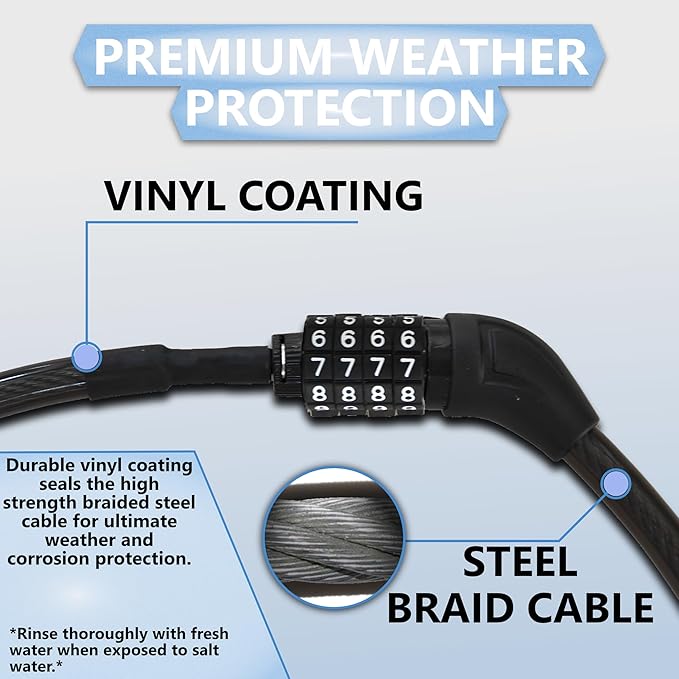 Lumintrail Long Coiled Bike Cable Lock 3/8 Inch 15ft (4, 6, 10, 15, 30ft), Weatherproof Locks for Kayak, Bike, Scooter, Outdoor Equipment, Resettable Combination Lock Anti Theft Protection