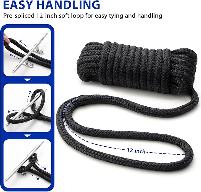 Boat Dock Lines Marine Rope - 3/8" x 20ft with Pre-Spliced 12" Loop Double Braided Nylon Ropes Bumper Tie Mooring Line for Boats Docking Pontoon Boating Accessories - 4 Pack