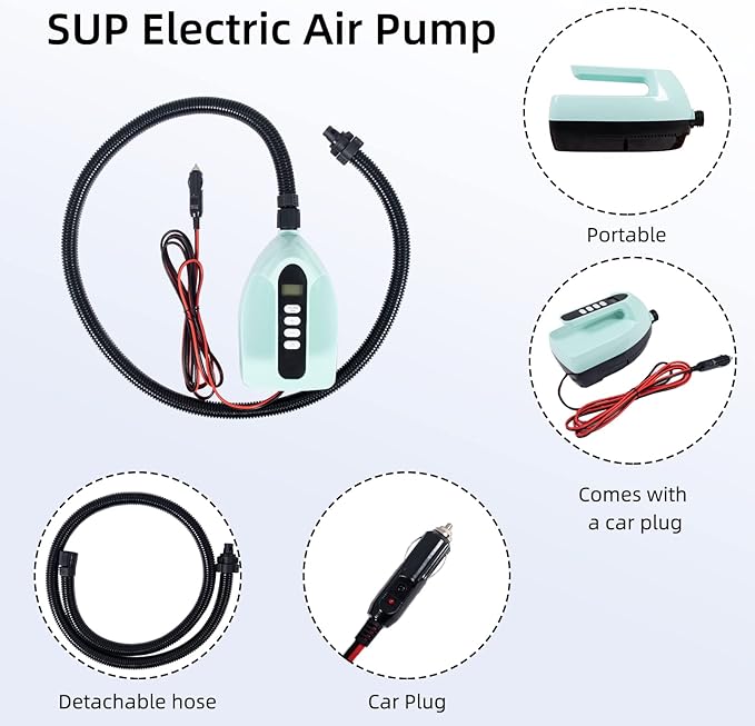 LEDONNE SUP Electric Air Pump Portable Electric Pump for SUP with Digital LCD and Power Switch Button Max Pressure17.4 PSI 12V DC Comes with Car Plug and Battery Clamps, Price-Off Promotions