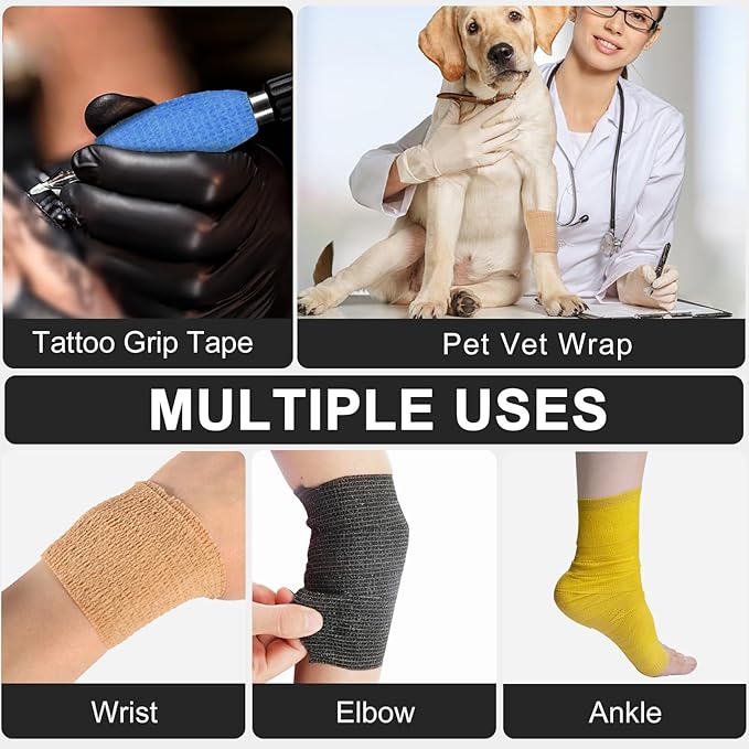 48 Pack Self Adhesive Bandage Wrap, 2” x 5 Yards Cohesive Medical Tape Elastic Grip Tape Black Sports Tape Athletic for Ankle, Wrist Sprains, Pet First Aid (Black)