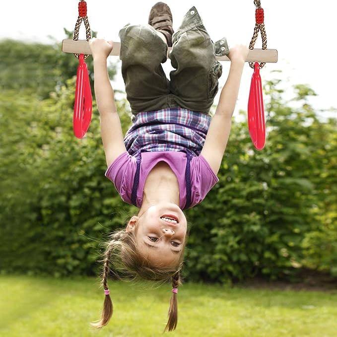 PELLOR Playground Children's Wooden Trapeze Swing Bar with Plastic Gym Rings Swing Set for Indoor & Outdoor Fun