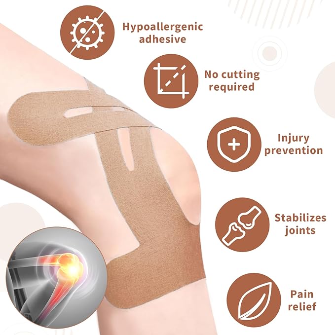20PCS Kinesiology Tape for Knees, Kinesiology Tape Precut Strips for Knee Support & Stability, Waterproof Breathable Elastic Sports Tape for Pain Relief, Athletic Tape for Muscle & Joint, Beige