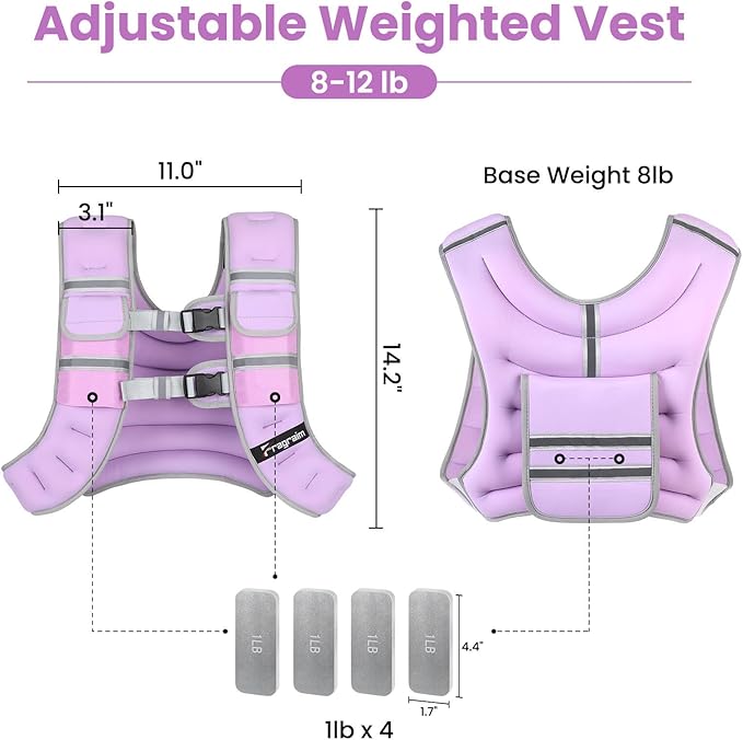 Fragraim Adjustable Weighted Vest for Women Men, 8-12lb Weight Vest with 4 Removable Iron Weights, Phone Holder and Back Pocket, Vest for Walking,Strength Training - Pink