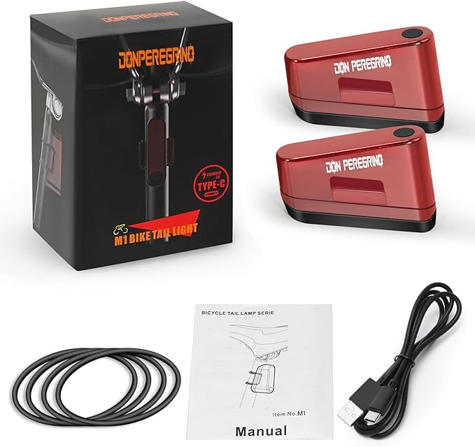 Rear Bike Light 80 Lumen 2 Pack – Rechargeable USB C, Waterproof IP64, 5 Modes Steady/Flash with Memory Function, DON PEREGRINO M1 Bicycle Tail Light