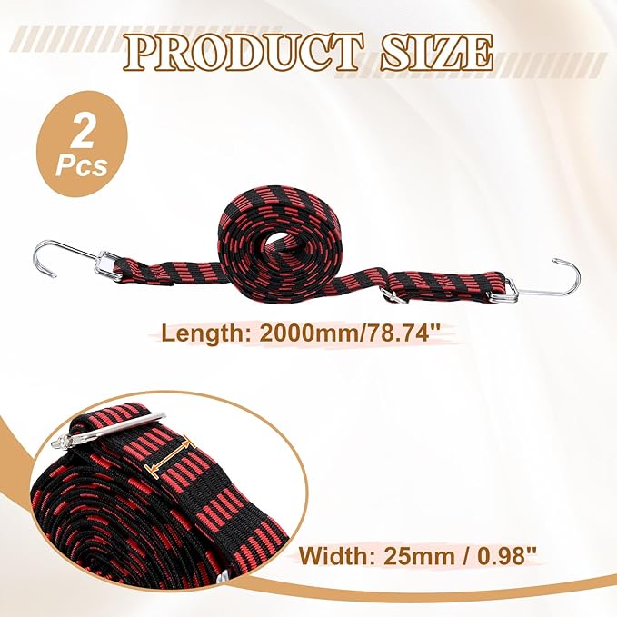 uxcell 2Pcs Adjustable Bungee Cords with Hooks, 79 Inch Flat Heavy Duty Elasticity Straps Rubber Bungee Cords with Buckle for Outdoor, Camping, Tarp, Bike Rack, Luggage, Black Red