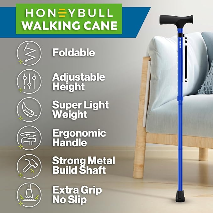 HONEYBULL Foldable Walking Cane for Seniors & Adults – Adjustable 8 Height Settings 30-37", Lightweight Collapsible Cane with Air Cushion Tip, Ergonomic Comfort Grip & Wrist Strap