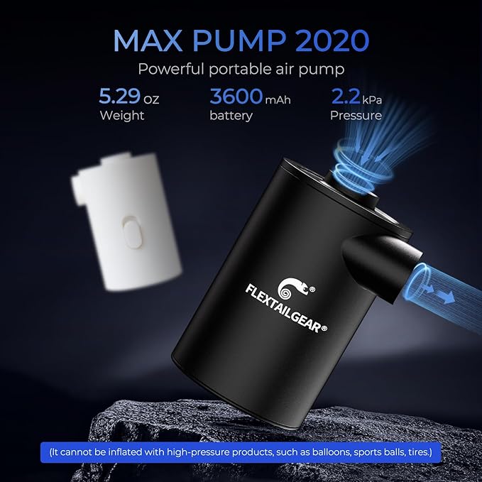 FLEXTAILGEAR MAX Pump Portable Air Pump with 3600mAH Battery USB Rechargeable Air Pump-Quick Inflate Deflate for Sleeping Pads, Air Mattress, Pool Toys, Floats, Swimming Ring, Air Bed (Black)