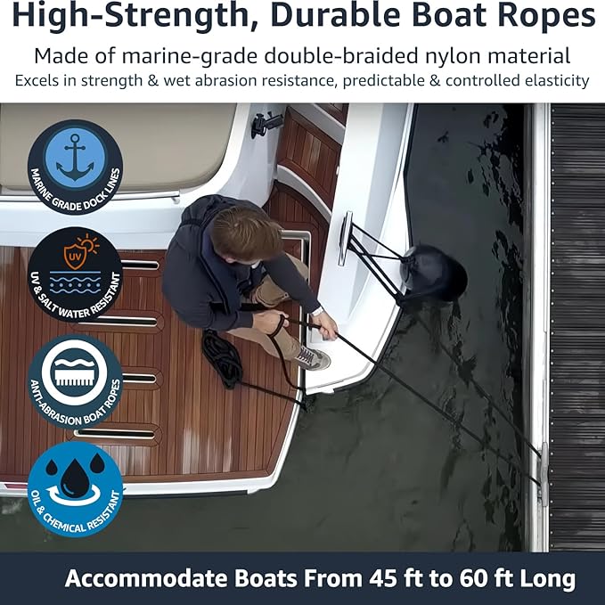 4 Pack 3/4" x 25' Dock Lines - Marine Grade Nylon Boat Rope with 15" Loop for Docking and Mooring - Double Braided Boat Lines, High Strength, Easy Handling, Fray Resistant, Heavy Duty - Black