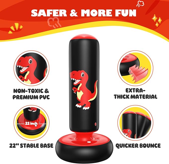 QPAU Inflatable Punching Bag, 48 Inch Stable Inflatable Boxing Bag for 3-6 Kids,Dinosaur Toy & Gifts for Boys and Girls, Kids Boxing Set for Practicing Karate, Taekwondo