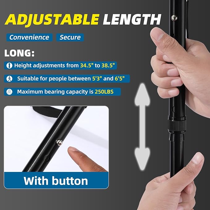 Walking Stick，Walking Canes for Women & Men，Folding Cane with Led Light and Alarm, with Side Handle, Collapsible Cane Lightweight, Free Self Standing Foldable Stick for Seniors & Adults