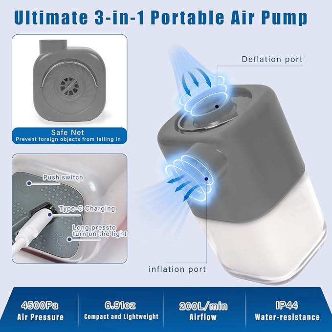 Portable Air Pump for Inflatables,Electric Air Pump with 3600mAh 4.5KPa & Camping Light,Mini Electric Air Pump with Inflate Deflate for Air Mattresses, Pool Floats,Vacuum Storage Bags,Camping Gear