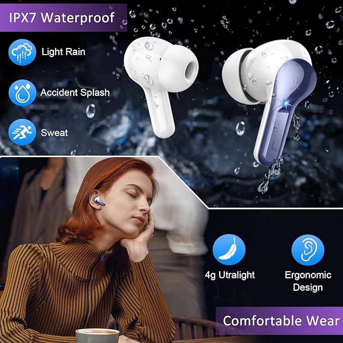 Wireless Earbuds, Bluetooth Headphones 5.4 HiFi Stereo Ear buds with ENC Noise Cancelling Mic, 40H Bluetooth Earbuds with Dual LED Display Charging Case, IP7 Waterproof Earphones for Android iOS, Blue