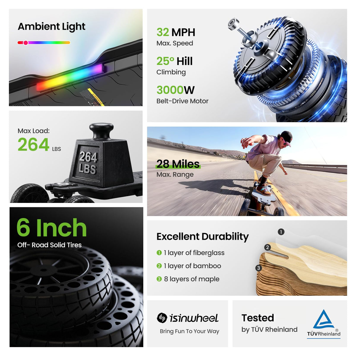isinwheel V10 Off-Road Electric Skateboard, 3000W 32MPH for Adults