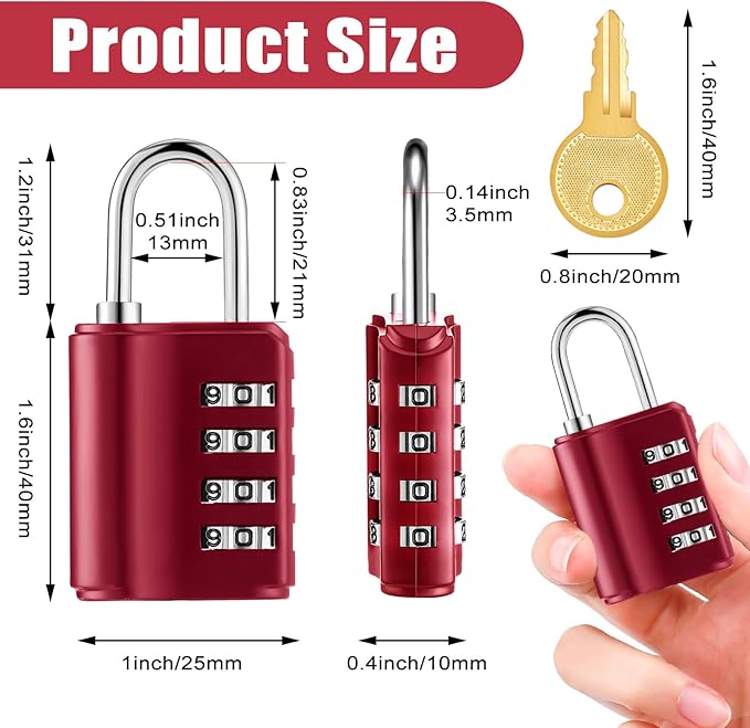 Kenning 10 Pcs Combination Padlock 4 Digit Combination Lock with Keys Locker Resetable Security Outdoor Waterproof Gate Lock for School Sports Gym Locker Employee Fence Case (Red)