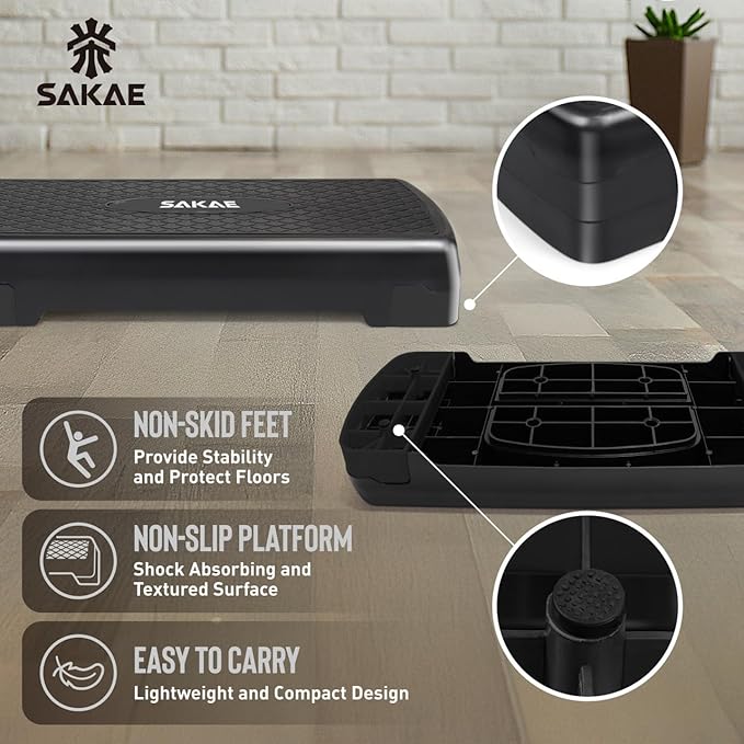 SAKAE Adjustable Aerobic Stepper Kit with Dumbbells & Kettlebell & Weightlifting Belt & Measuring Tape, 2 Level Risers Exercise Step Platform for Home Gym Exercise Fitness Workout, Multiple Colors