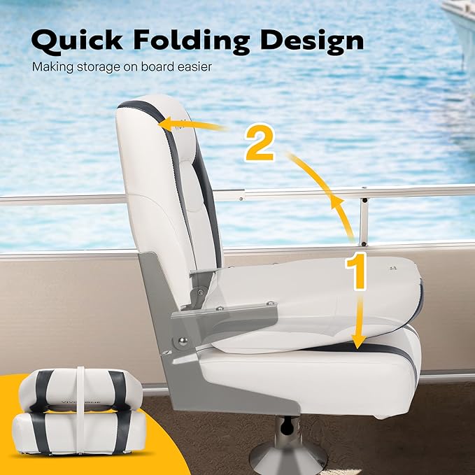 VIVOHOME Folding Low Back Boat Seats 2 Pack, Waterproof Boat Captain Chairs, 4 Mounting Screws Included, White and Gray