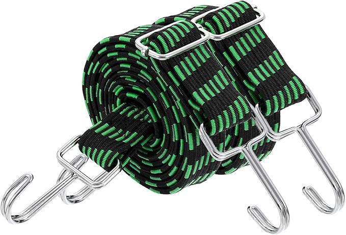 uxcell 2Pcs Adjustable Bungee Cords with Hooks, 79 Inch Flat Heavy Duty Elasticity Straps Rubber Bungee Cords with Buckle for Outdoor, Camping, Tarp, Bike Rack, Luggage, Black Green