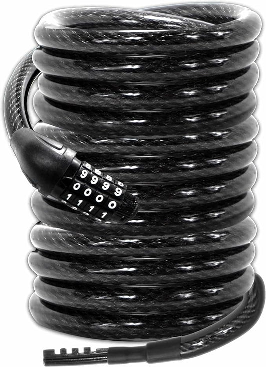 Lumintrail Long Coiled Bike Cable Lock 3/8 Inch 10ft (4, 6, 10, 15, 30ft), Weatherproof Locks for Kayak, Bike, Scooter, Outdoor Equipment, Resettable Combination Lock Anti Theft Protection
